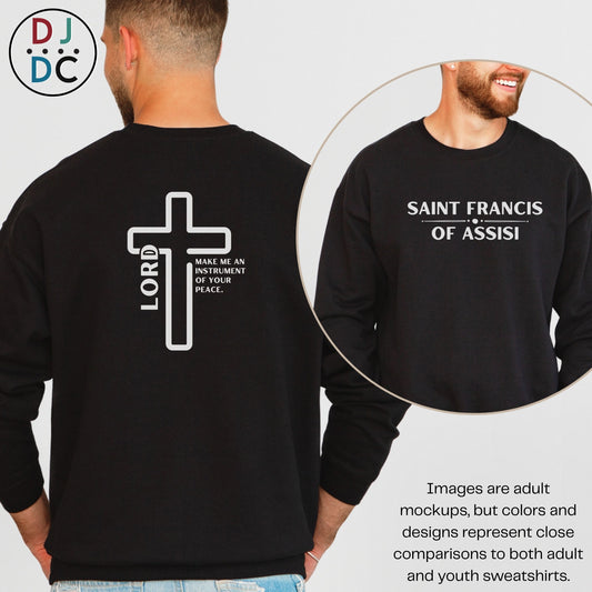 Black sweatshirt with cross design and text on the back, worn by a person.