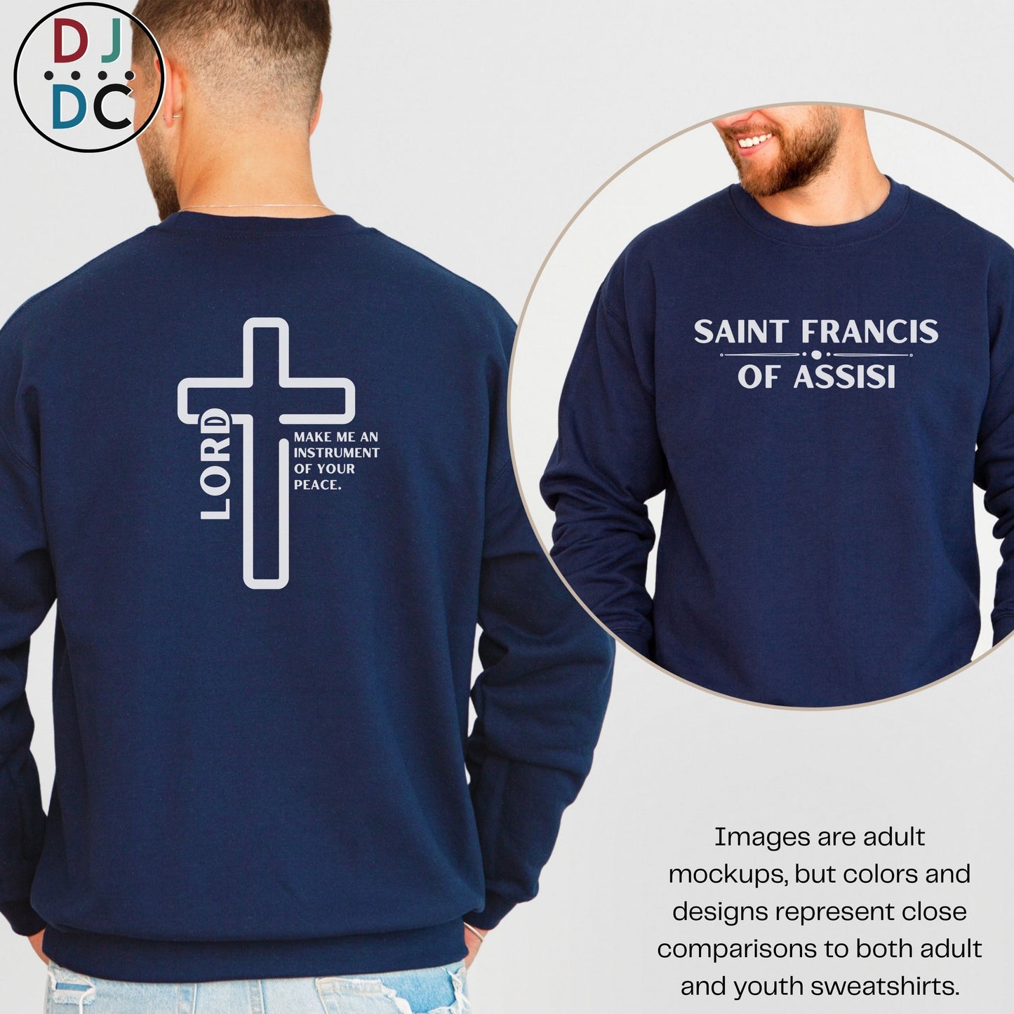 Navy blue sweatshirt with cross design on back and text on front, displayed on a person.
