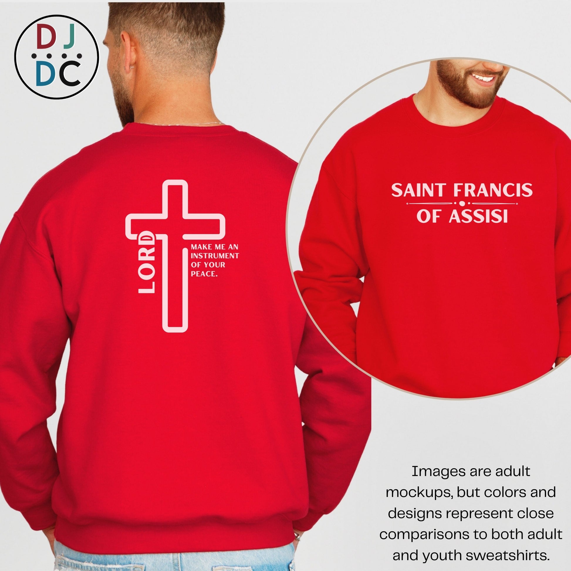 Red sweatshirt with cross design on the back and text on the front, displayed on a person.