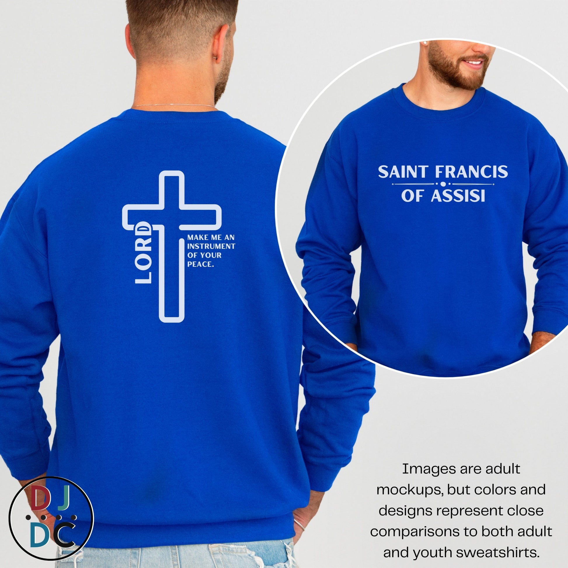 Blue sweatshirt with cross design and text on a gray background