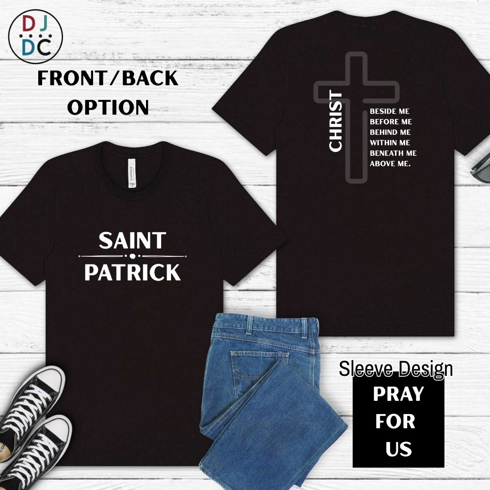 Black t-shirt with 'Saint Patrick' design on front and cross with text on back, displayed with jeans and sneakers.