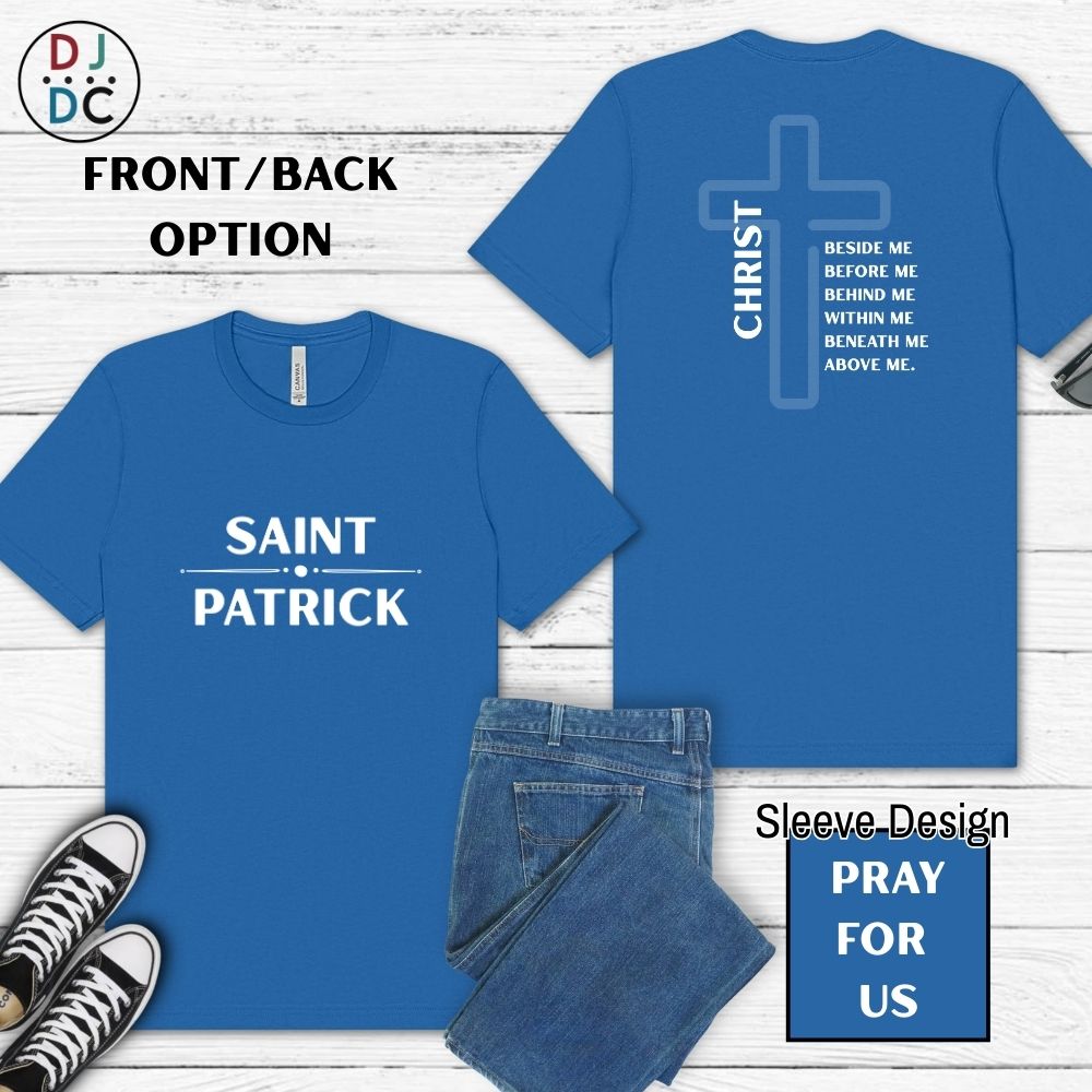 Blue t-shirt with 'Saint Patrick' on front and cross design on back, displayed with jeans and sneakers.