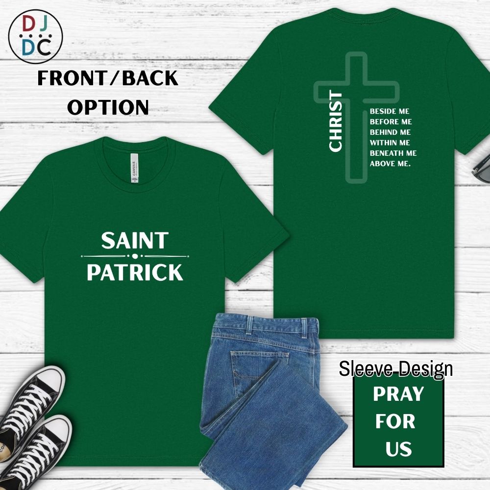 Green t-shirt with 'Saint Patrick' and 'Christ' designs on a wooden surface.