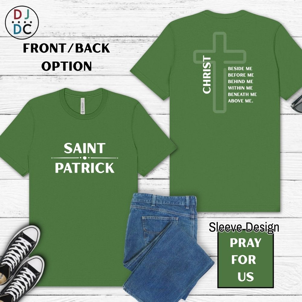 Green t-shirt with 'Saint Patrick' on front and cross design on back, displayed with jeans and sneakers.