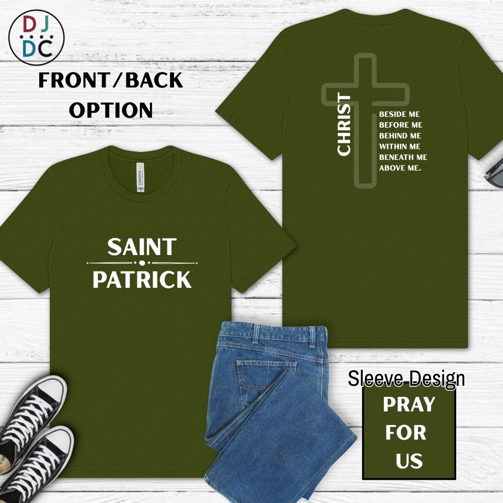 Green t-shirt with 'Saint Patrick' and 'Christ' designs on a wooden surface.