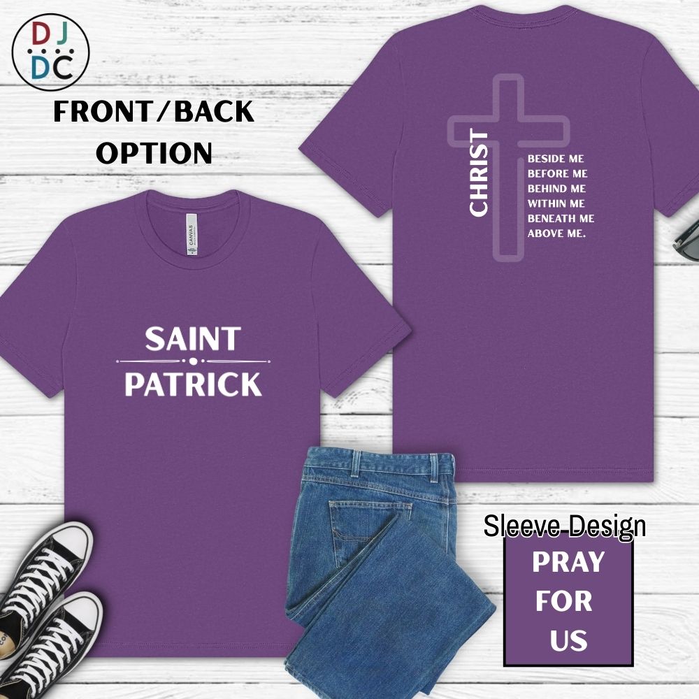 Purple t-shirt with 'Saint Patrick' on front and cross design on back, displayed with jeans and sneakers.