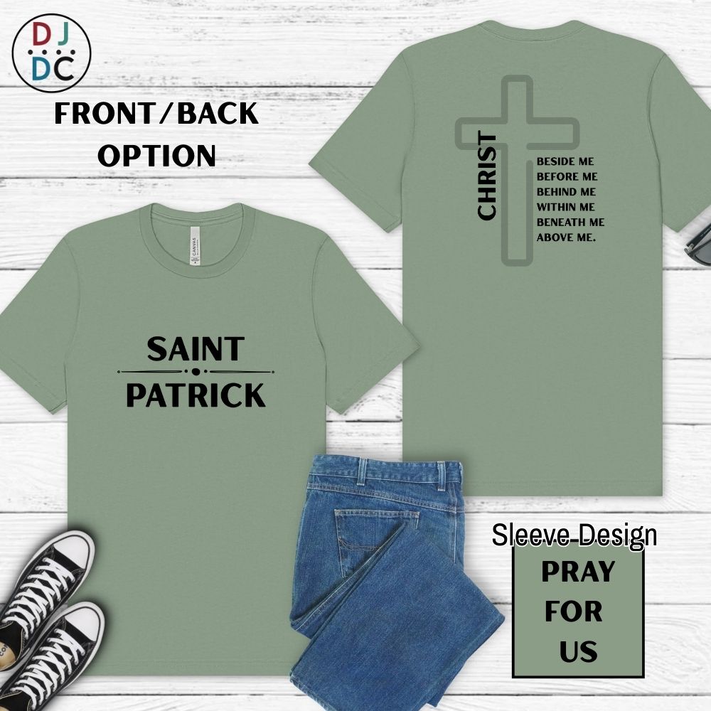 Green t-shirt with 'Saint Patrick' and 'Christ' design on a wooden surface with jeans and sneakers.