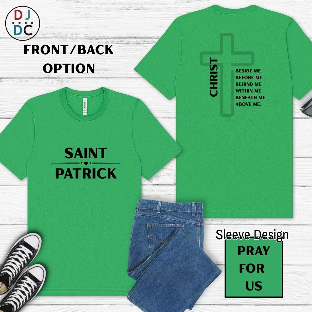 Green t-shirt with 'Saint Patrick' and cross design on a wooden surface with jeans and sneakers.