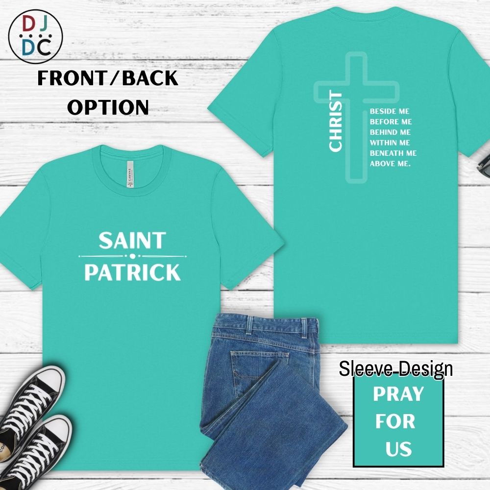 Teal t-shirt with 'Saint Patrick' text on front and cross design on back, displayed with jeans and sneakers.